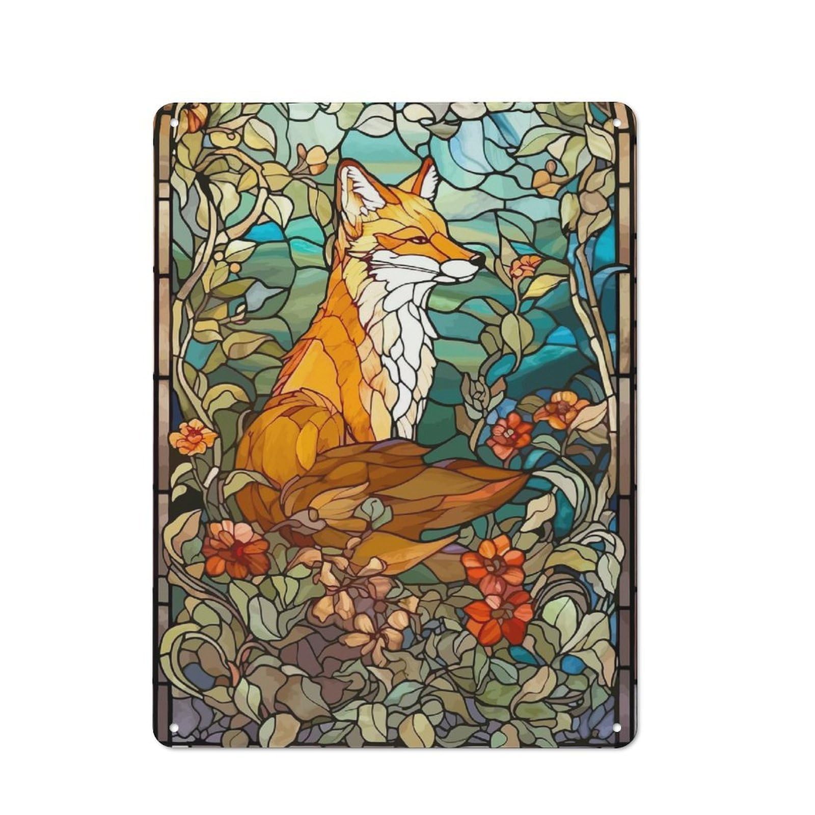 Junmoney Stained Glass Fox Rustic Metal Sign 40X30cm For Lounge Or Reading Corner, For Reading Corner Decorators