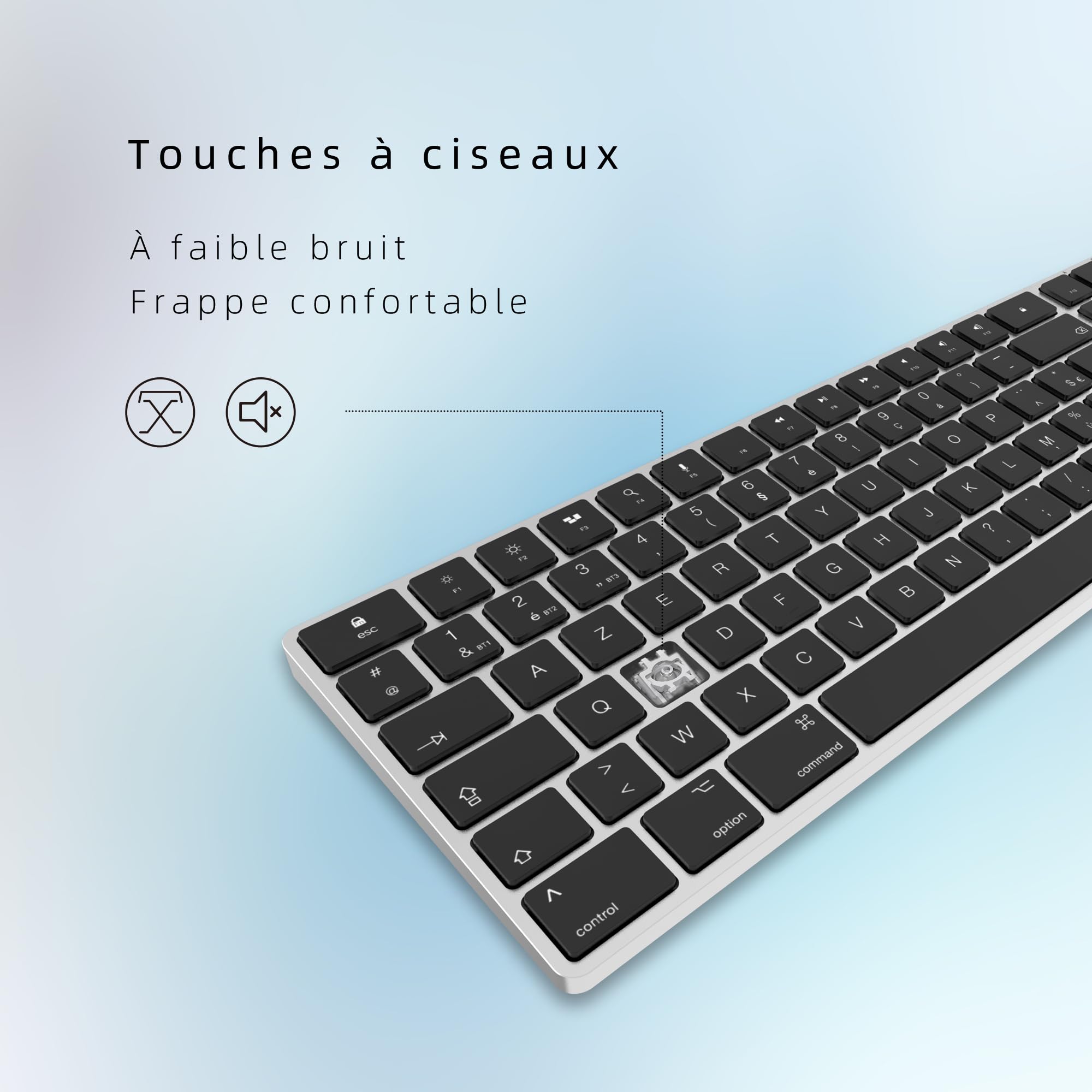 Clavier Bluetooth Aans Fil Rechargeable, en Aluminium pour Mac, Clavier Silencieux avec Touches Ultra-discrètes, Compatible avec Apple iMac, MacBook, Mac et iPad, Layout AZERTY, Argent Et Noir