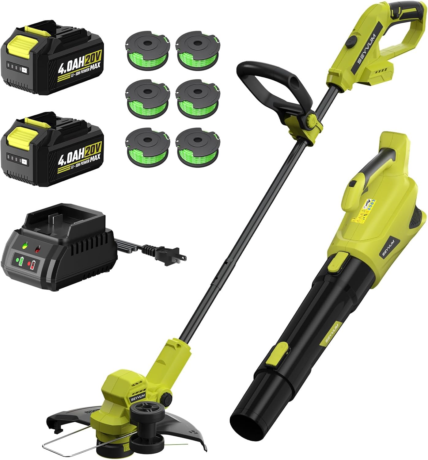 seyvum 20v string trimmer and leaf blower combo kit, 12-inch cordless weed trimmer with 6 pcs grass cutter spool line, 500 cfm electric leaf blower for lawn care with 2 x 4.0ah battery and charger
