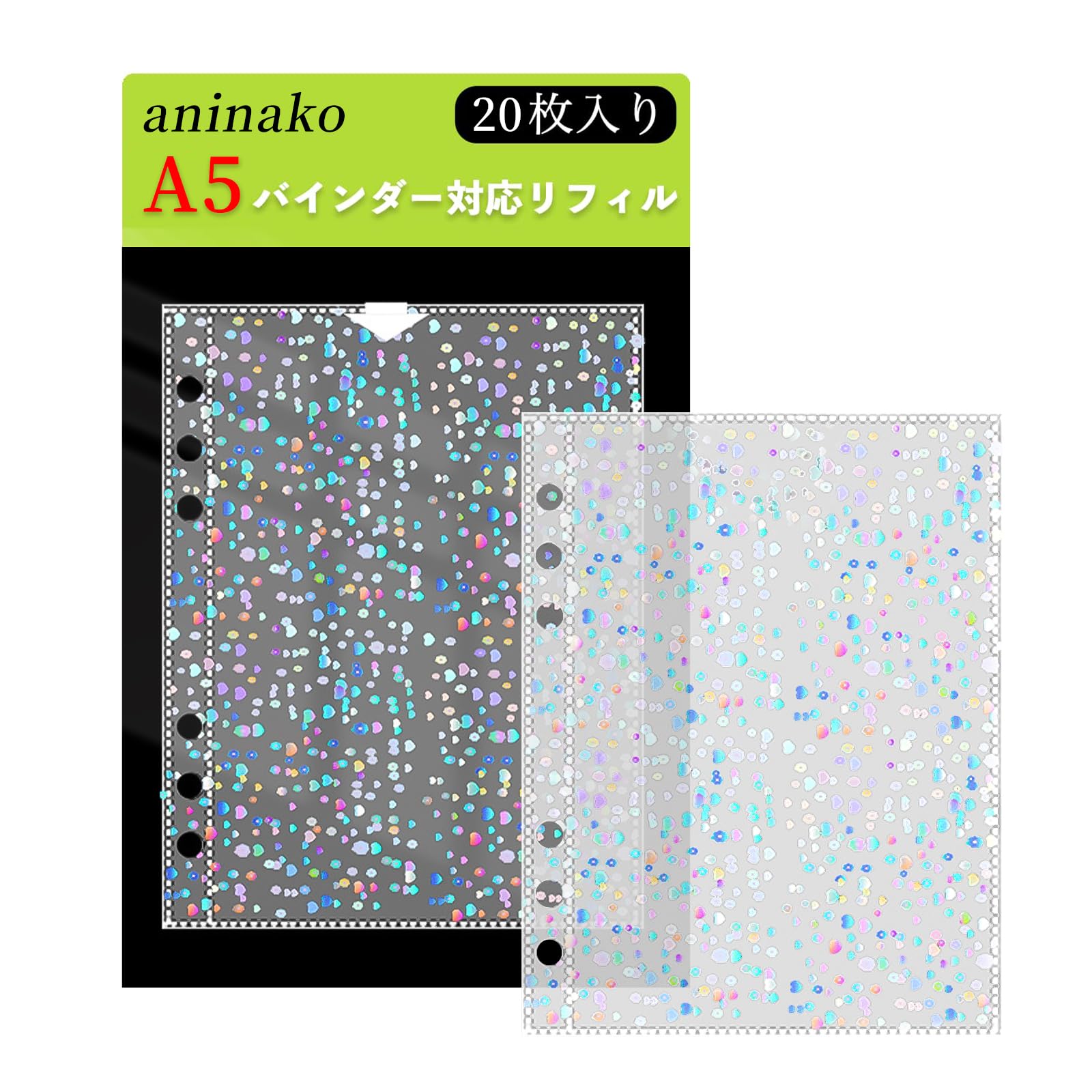 aninako Sealing Notebook Refills, Sticker Mount, Pack of 20, A5, 6 Holes, Clear Pocket File, Trekker, File, Release Paper, Transparent, Heart, Sticker Pad, Refill, Removable, Binder, Business Card, Ba