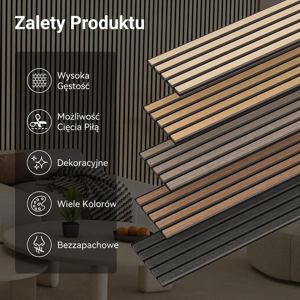 TONOR Drewniane panele akustyczne, 6 sztuk 240 x 20 cm – 2,88 m², panele ścienne, drewniane panele ścienne jako płyty wygłuszające, dekoracja ścienna z drewnianych lameli, izolacja akustyczna, do