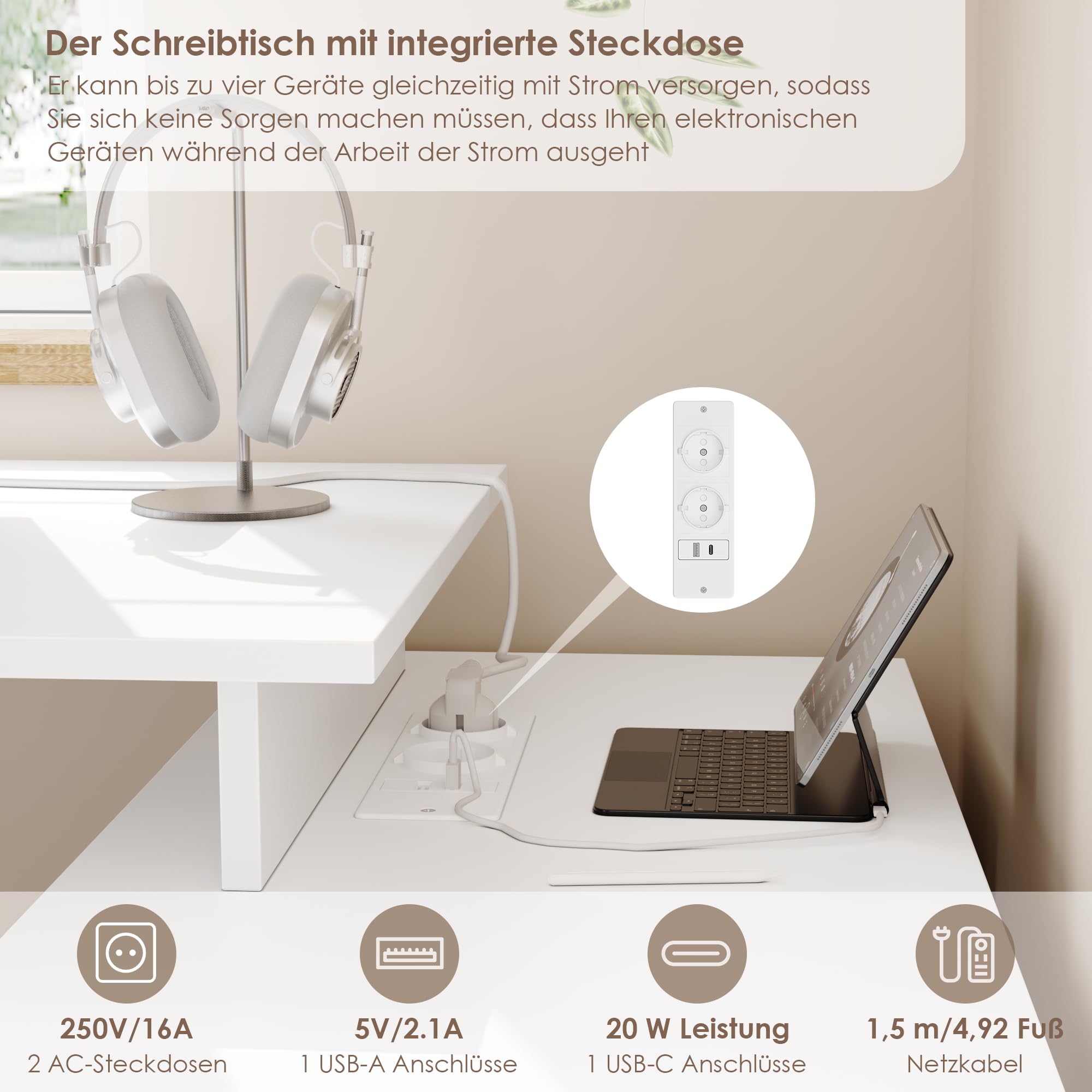 FirFurd Eckschreibtisch mit Steckdosenleiste Schreibtisch L Form Computertisch mit Bücherregal und Schubladen Eckschreibtisch mit Stauraum PC Tisch für Arbeitszimmer Homeoffice 129 x 104 x 76 cm, weiß