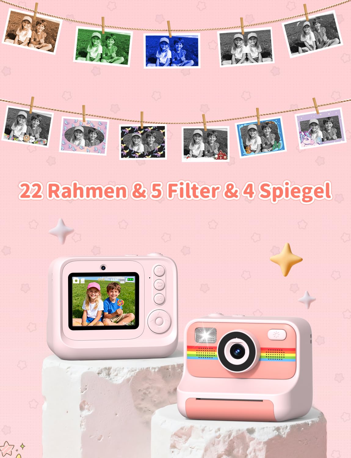 Sofortbildkamera Kinder, 1080P HD 2,4 Zoll Bildschirm Kinderkamera Sofortbildkamera mit 32GB Karte & 3 Rollen Druckpapier, LIORQUE Digital Kamera Kinder Sofortdruck mit 6 Farbigen Stiften (Rosa)