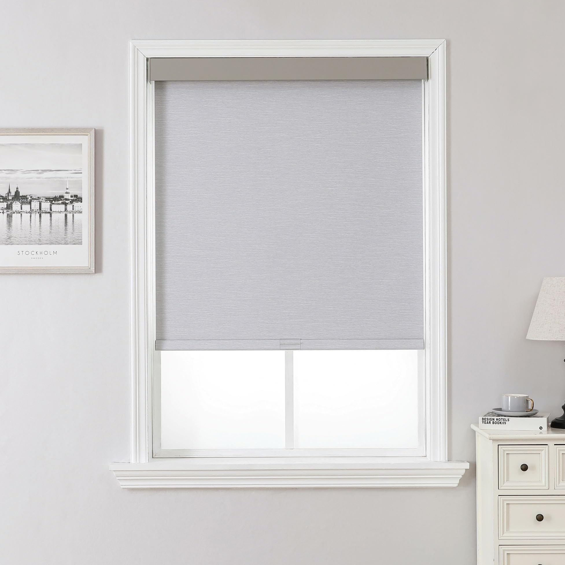 Joydeco 100% Blackout Roller Shades (Pro), Free-Stop Cordless Blinds for Windows, UV Protection, Natural Woven Blinds for Home and Office, Light-Proof Aluminum Cover (30" W x 75" H, Light Grey)