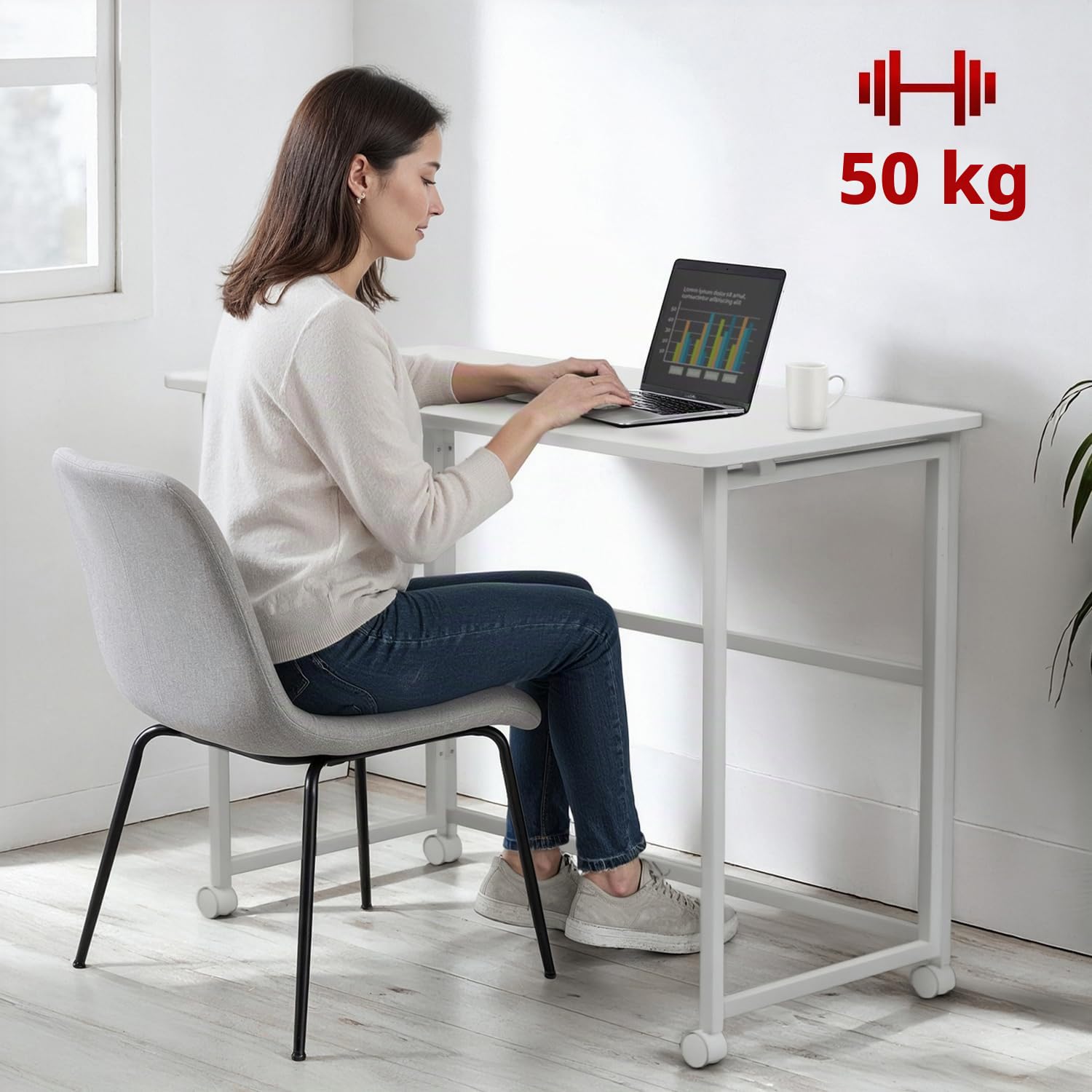Maclean MC-1250 W - Scrivania portatile pieghevole, 100 x 50 cm, struttura in acciaio, portata 50 kg, scrivania da lavoro, ufficio, tavolo su ruote
