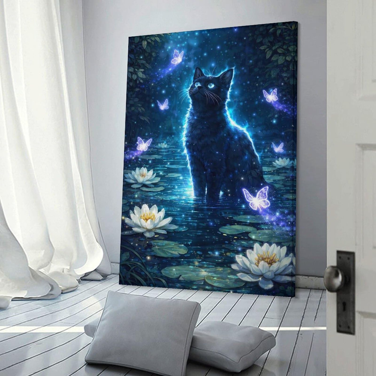 Junmoney Wall Art Print Magical Black Cat in A Lotus Pond, 12x18inch(30x45cm), for Study, Office Or Focused Interiors, Decorative Artwork for Productive Spaces