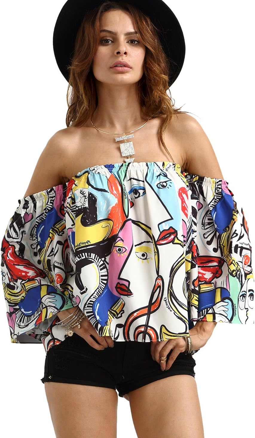 Romwe Women's Off Shoulder Cute Loose Blouse Crop Top Multicolor L