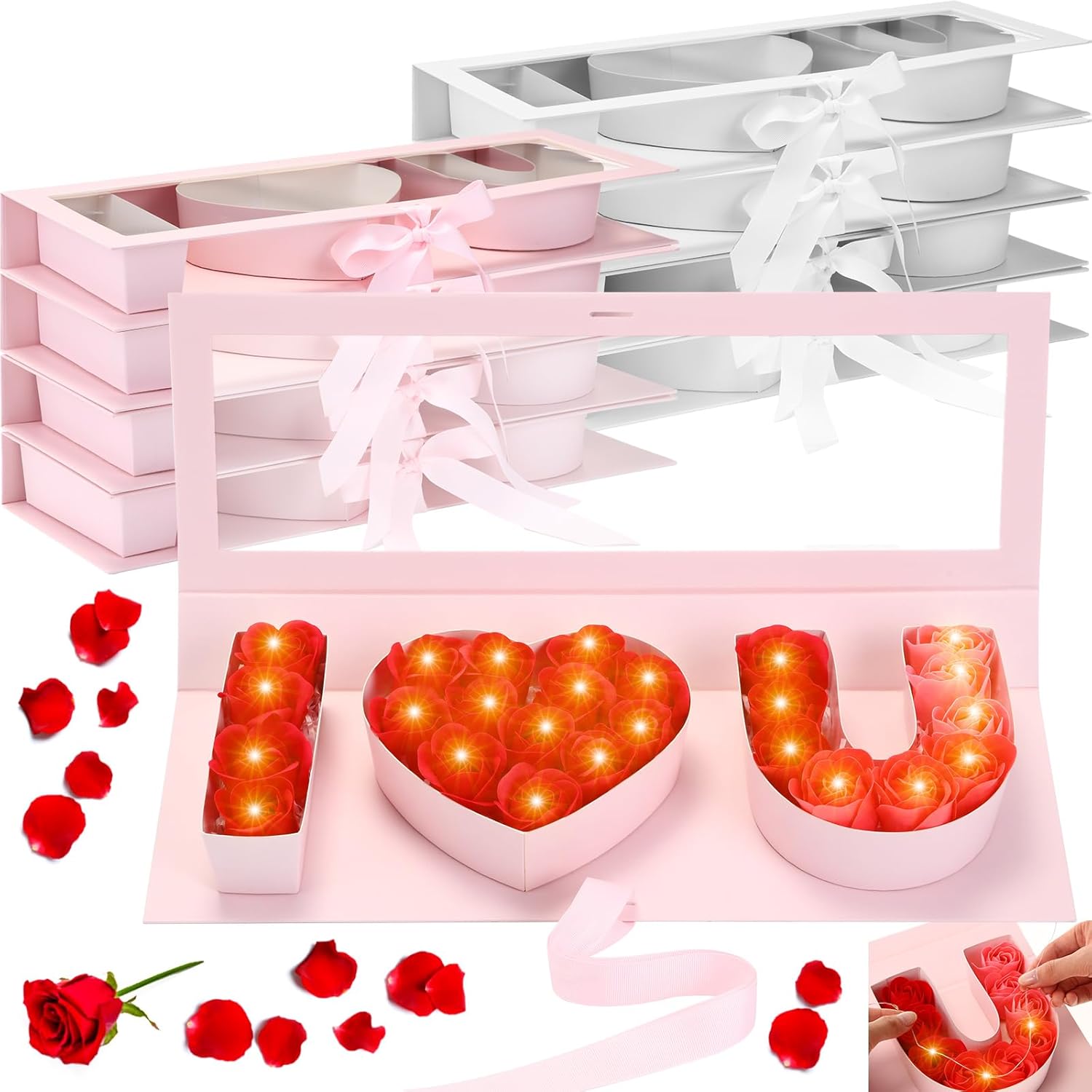 Weekgrat Empty I Love You Fillable Flower Gift Boxes with LED Light Cardboard Heart Letter Floral Boxes with Clear Window for Mother Day Valentines Gift(8 Pack,White, Pink)