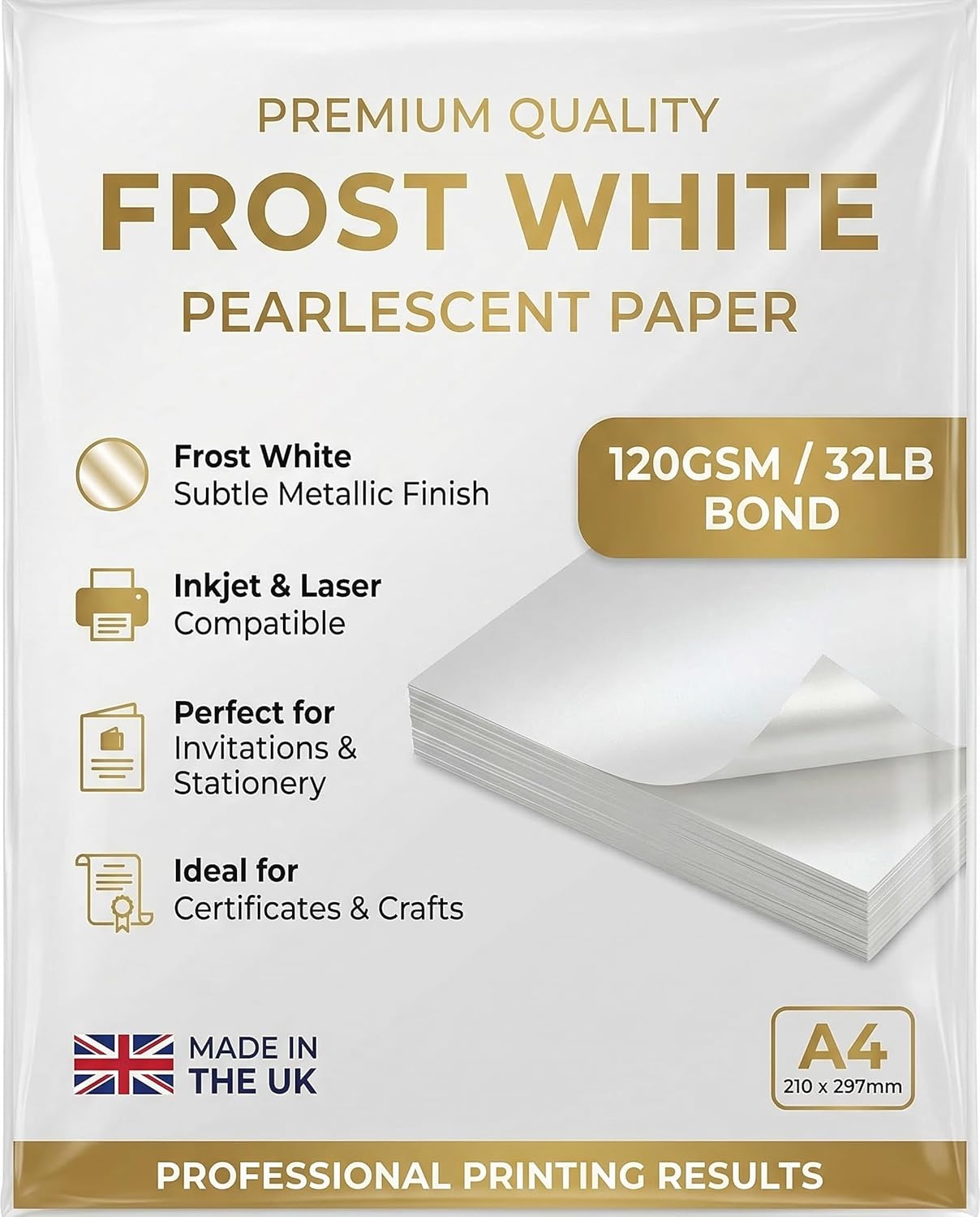 Premium Frost White Pearl Paper – A4 (8.27 x 11.7 in) – 120gsm (32lb Bond) Shimmer Certificate & Cardstock Sheets for Inkjet & Laser Printers – Ideal for Awards, Invitations