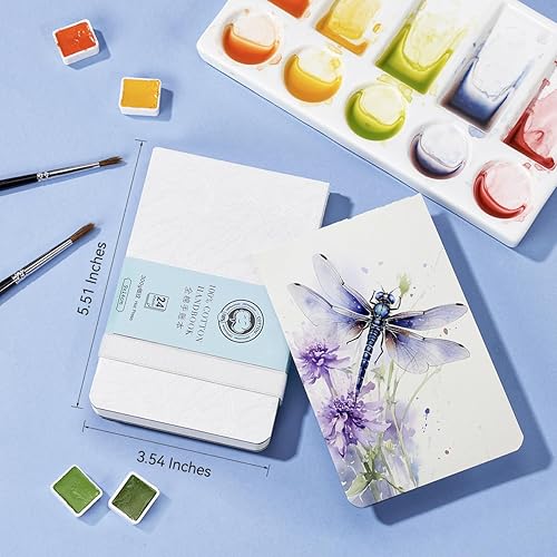 Miniatura 7 de Lightwish Diario de acuarela, papel de acuarela de prensa caliente 100% algodón, 140 libras10.58 ozm, sin ácidos, 24 hojas de 5.12 x 7.48 pulgadas