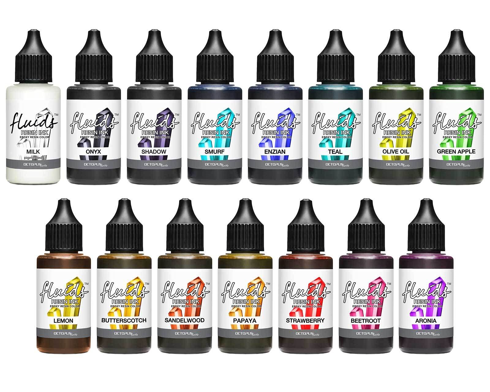 Zestaw tuszy alkoholowych Octopus Fluids do żywicy epoksydowej i UV, 15 x 30 ml, kolor żywicy epoksydowej