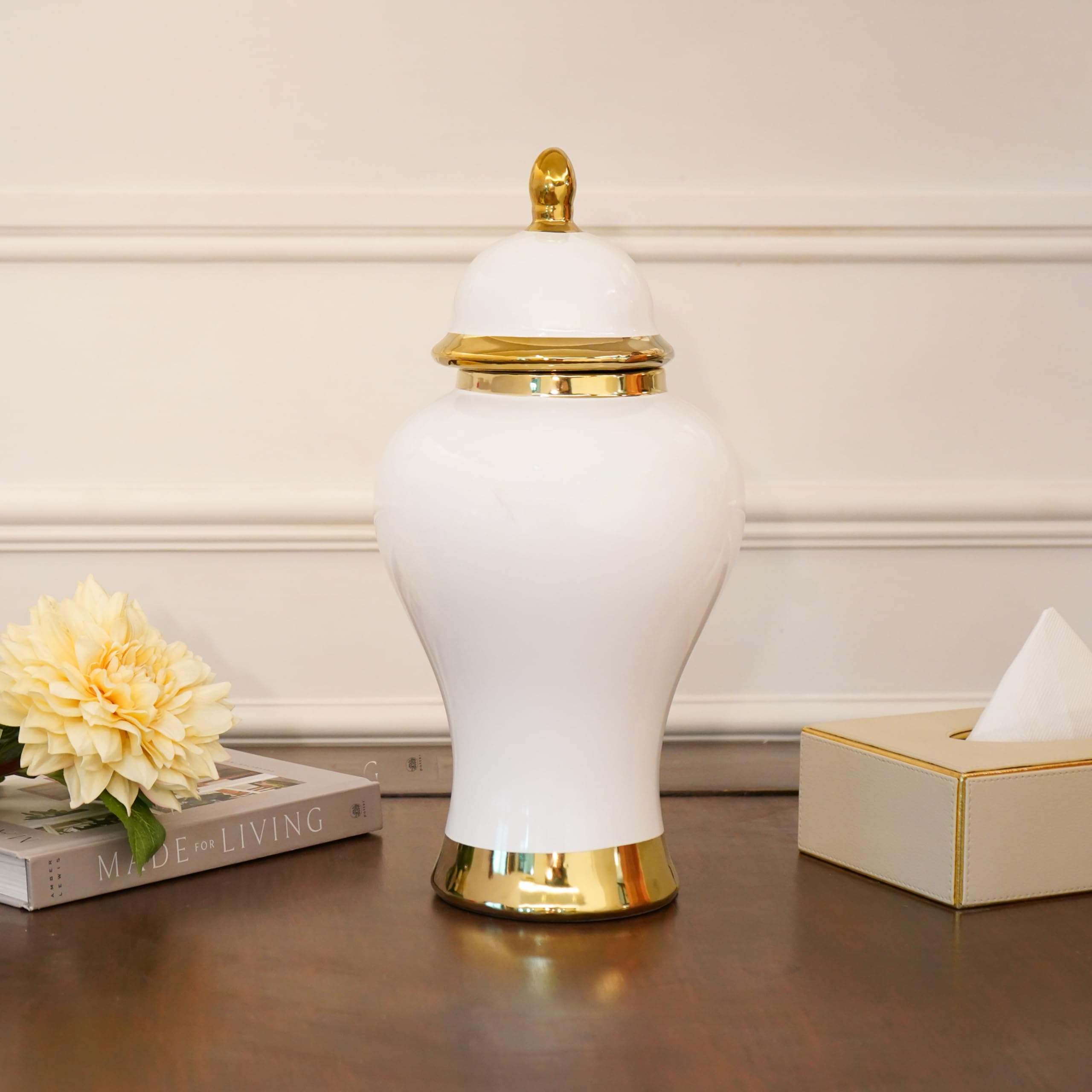 Rcasa Ceramic Vase - Modern White and Gold Decorative Ginger Jar with Lid and Flower Vase for Home Decor | Elegant Centerpiece for Living Room, Dining Table, Console