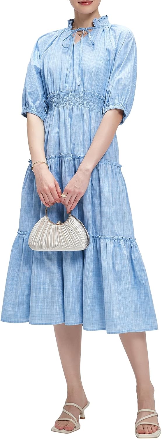 Kedera Womens Short Sleeve Midi Dress 2025 Trendy Maxi Dress with Puff Sleeve Flowy Elegant Casual Long Ruffle Sundress