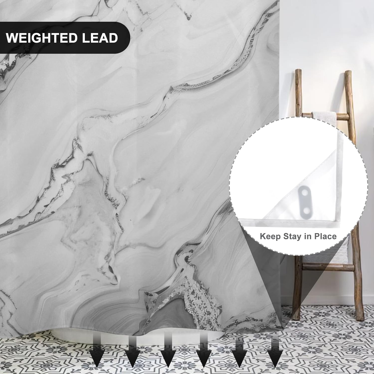 No Hook Marble Shower Curtain with Snap in Liner RingLess Shower Curtain for Bathroom Grey Waterproof Fabric 71x74 inch