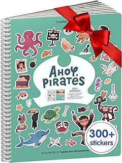 Cupkin Pirate Sticker Book Activity for Kids, Toddler Airplane Travel Essentials, 300+ Pirate Stickers for Kids + 8 Scenes + 8 Coloring Book Pages, Gift for Boys and Girls, Small Sticker Book