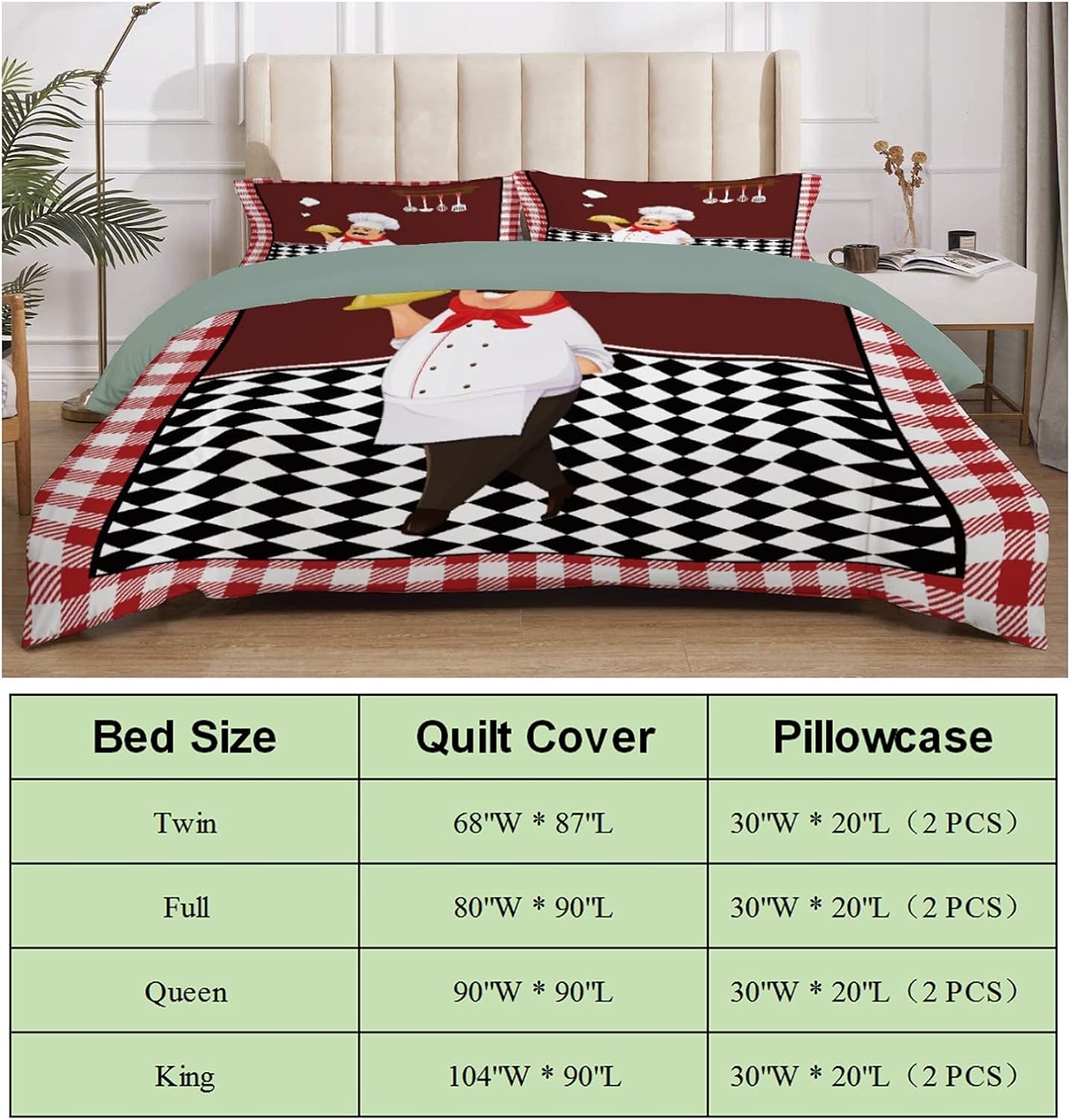 Chef Knife Fork Gourmet Check Duvet Cover Set, Diverse Design, Good Choice of Bedding, 3 Piece Set, Including 2 Pillowcases, 1Duvet Cover, Twin Size 68'' x 87''