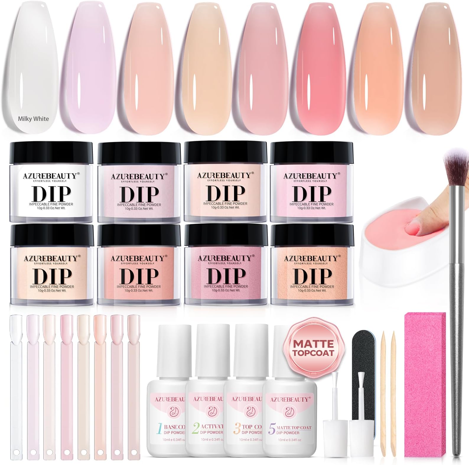Dip Powder Nail Kit, Jelly Translucent Milky White Sheer Pink Nude Neutral Clear 8 Colors, Dipping Powder Liquid Set Added Matte Top Coat with Nail Sticks French Nail Art Manicure Salon