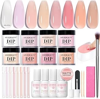 AZUREBEAUTY Dip Powder Nail Kit, Jelly Translucent Milky White Sheer Pink Nude Neutral Clear 8 Colors, Dipping Powder Liquid Set Added Matte Top Coat with Nail Sticks French Nail Art Manicure Salon