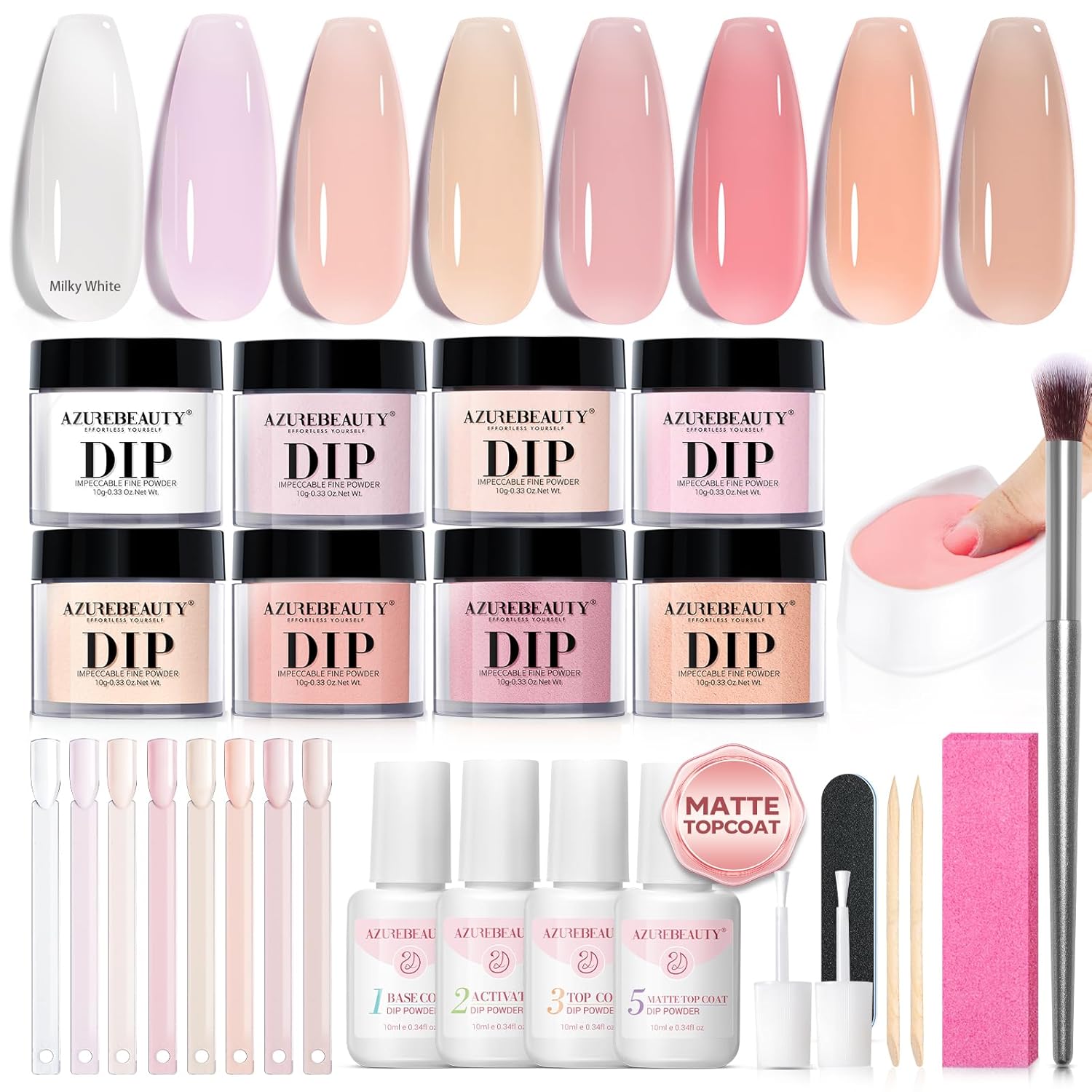 AZUREBEAUTY Dip Powder Nail Kit, Jelly Translucent Milky White Sheer Pink Nude Neutral Clear 8 Colors, Dipping Powder Liquid Set Added Matte Top Coat with Nail Sticks French Nail Art Manicure Salon