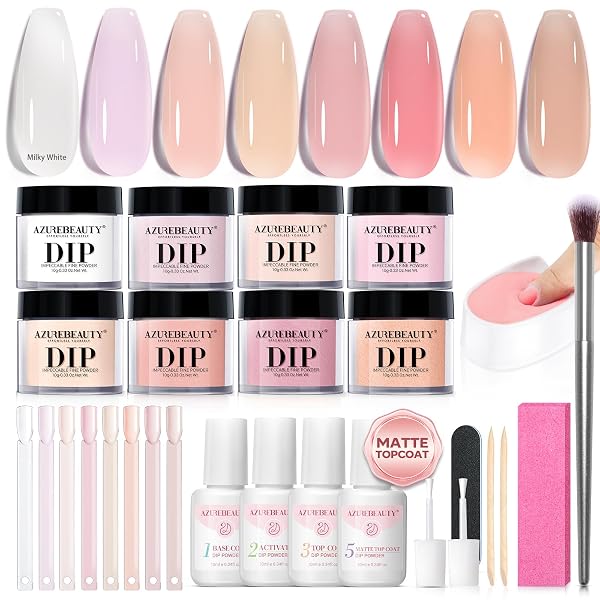 AZUREBEAUTY 8 Colors Dip Powder Nail Kit Starter with Nail Sticks, 30 PCS Dipping Powder Liquid Set Added Matte Top Coat