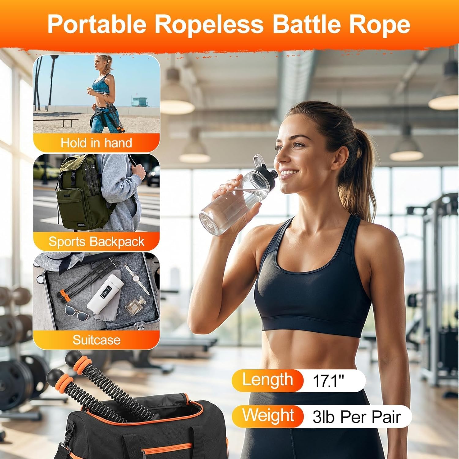Ropeless Battle Ropes, Weighted Ropeless Battle Ropes for Home Gym with Poster, Workout Exercise Rope for Strength Building, HIIT and Low-Impact Aerobic Training for Men & Women