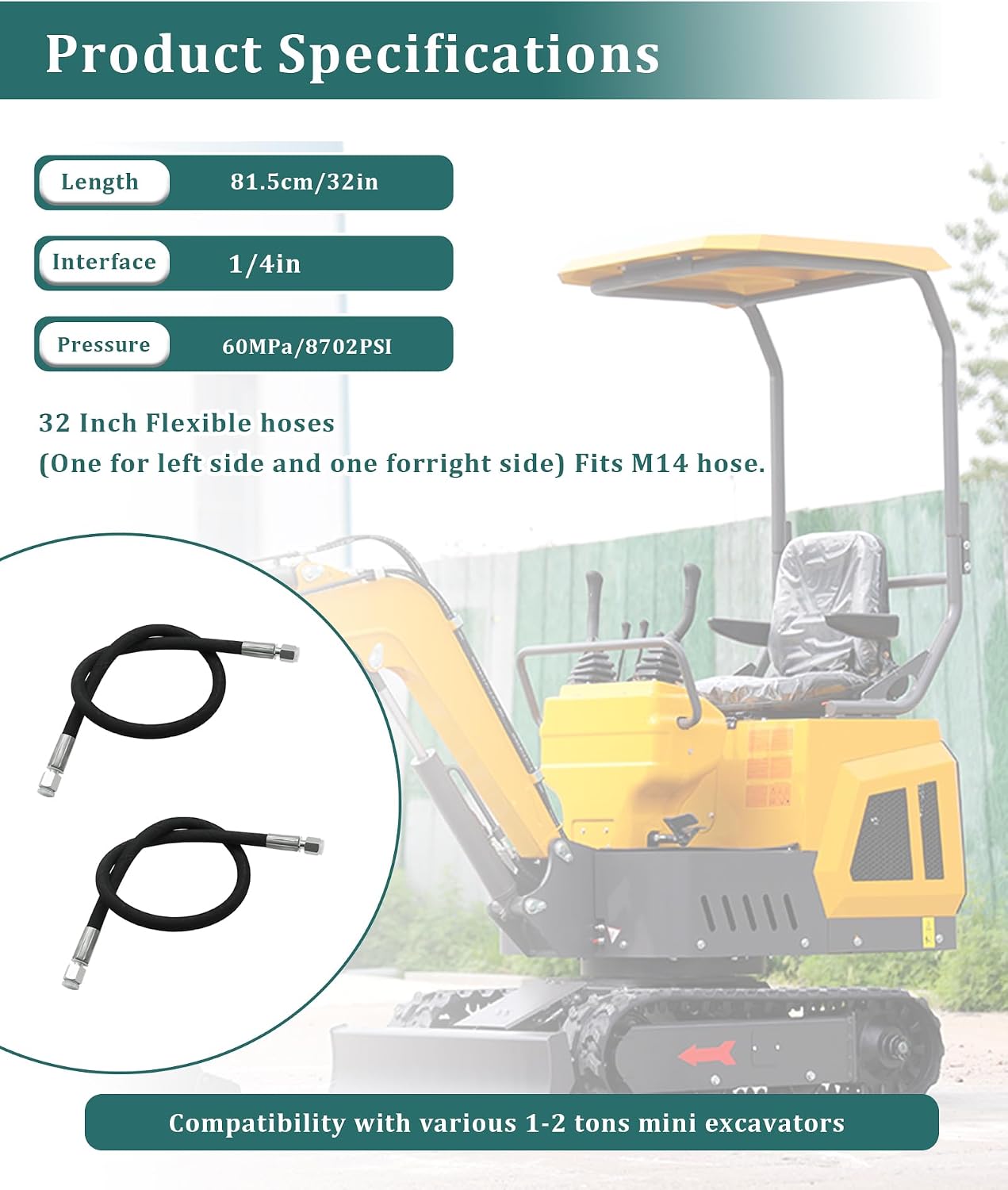 2PCS M14 Hose Excavator Diverter Valve Hoses Compatible with 1-2 ton Chinese Mini Excavator,60MPa,8702PSI,32 Inch long,1/4in Interface