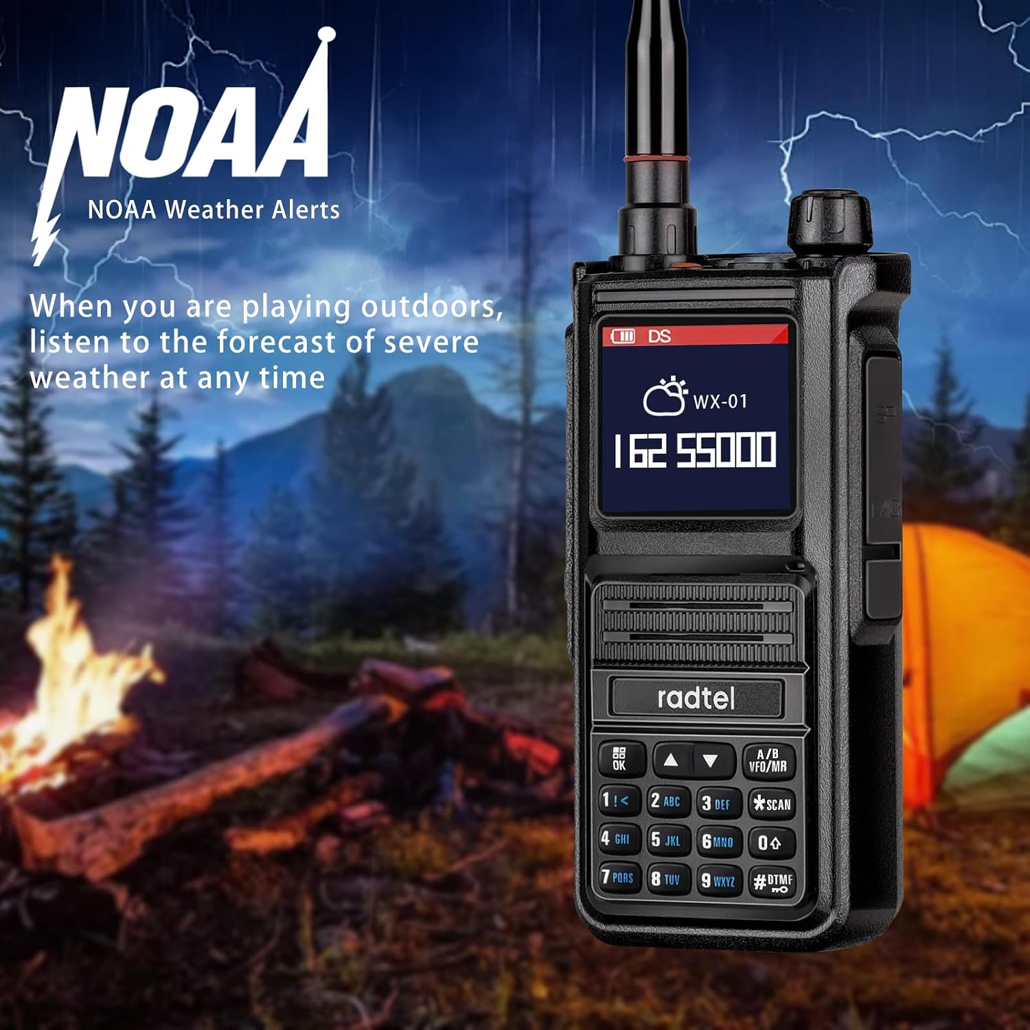 Radtel RT-470X displaying NOAA weather alert