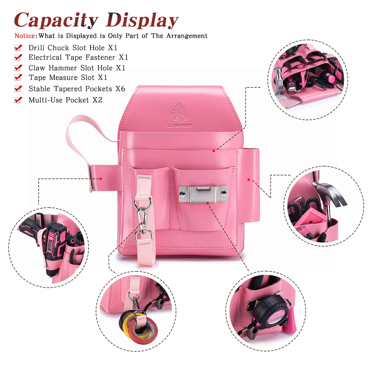 Cintura porta attrezzi da elettricista in vera pelle, grande, regolabile, con tasche multiple, per elettricisti, rosa