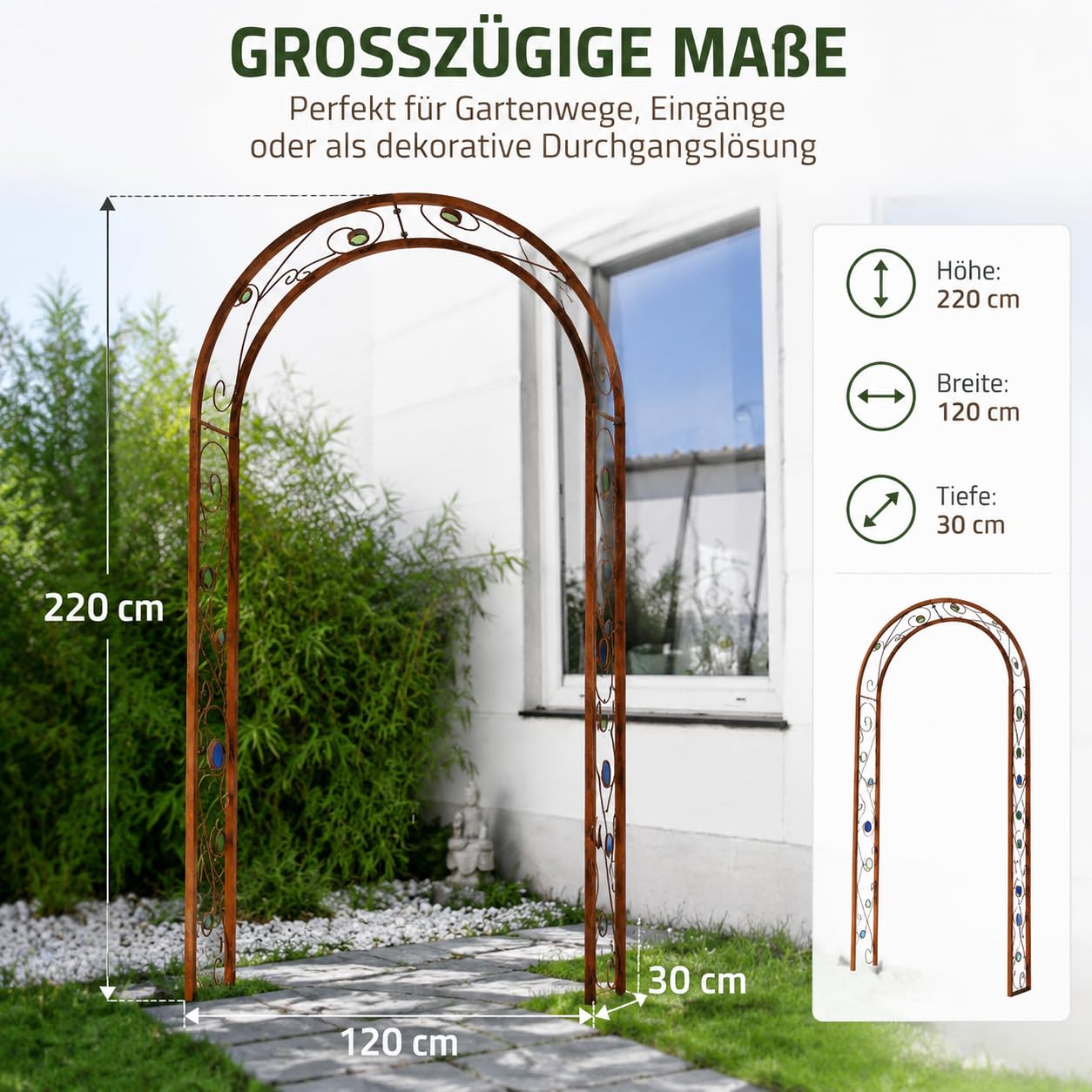 ZenMan Edelrost Rosenbogen aus Metall – Rost Gartenbogen Rankhilfe B120:H220 :W30 cm – Cortenstahl Optik Torbogen für Kletterrosen, Rankpflanzen & Gartendeko-031931