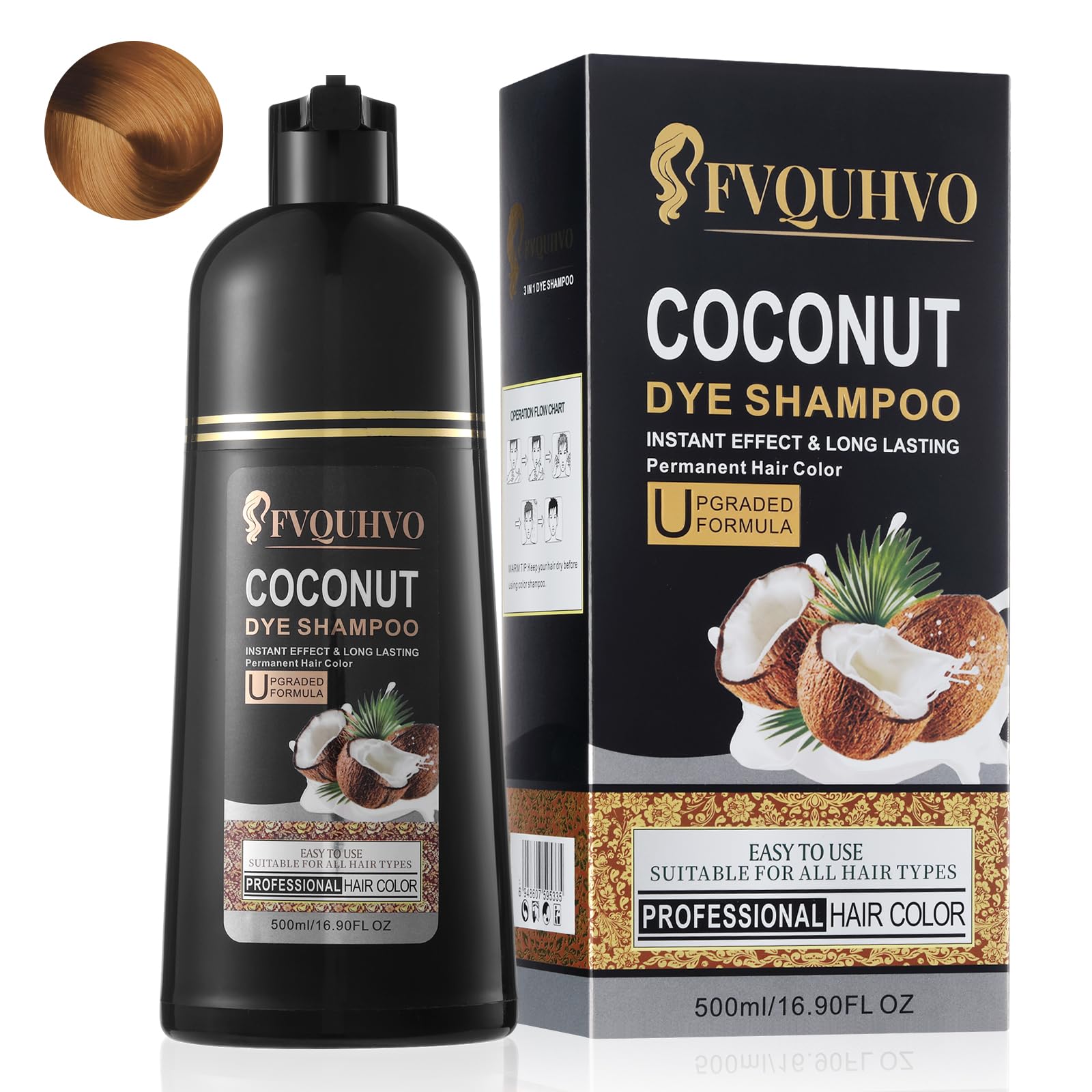 3 in 1 Natural Coconut Semi-Permanent Hair Color Shampoo for Gray Hair - Brown Tint for Women & Men, Long-Lasting Home Use, 16.9 Fl Oz (Chestnut Brown)