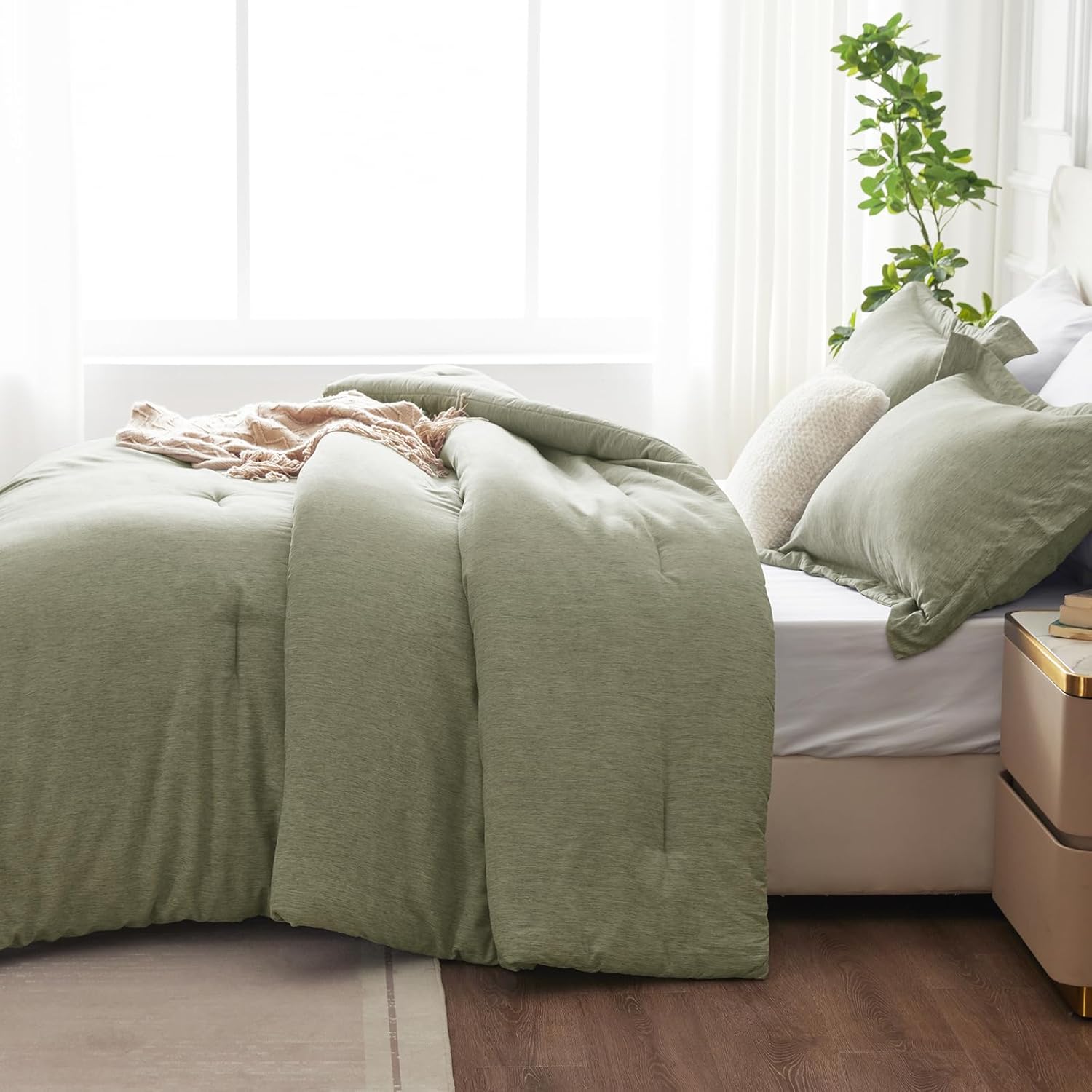 CozyLux Queen Size Comforter Set - 3 Pieces Olive Green Soft Luxury Cationic Dyeing Bedding Comforter for All Season, Breathable Lightweight Fluffy Boho Bed Sets with 1 Comforter and 2 Pillow Shams - Image 9