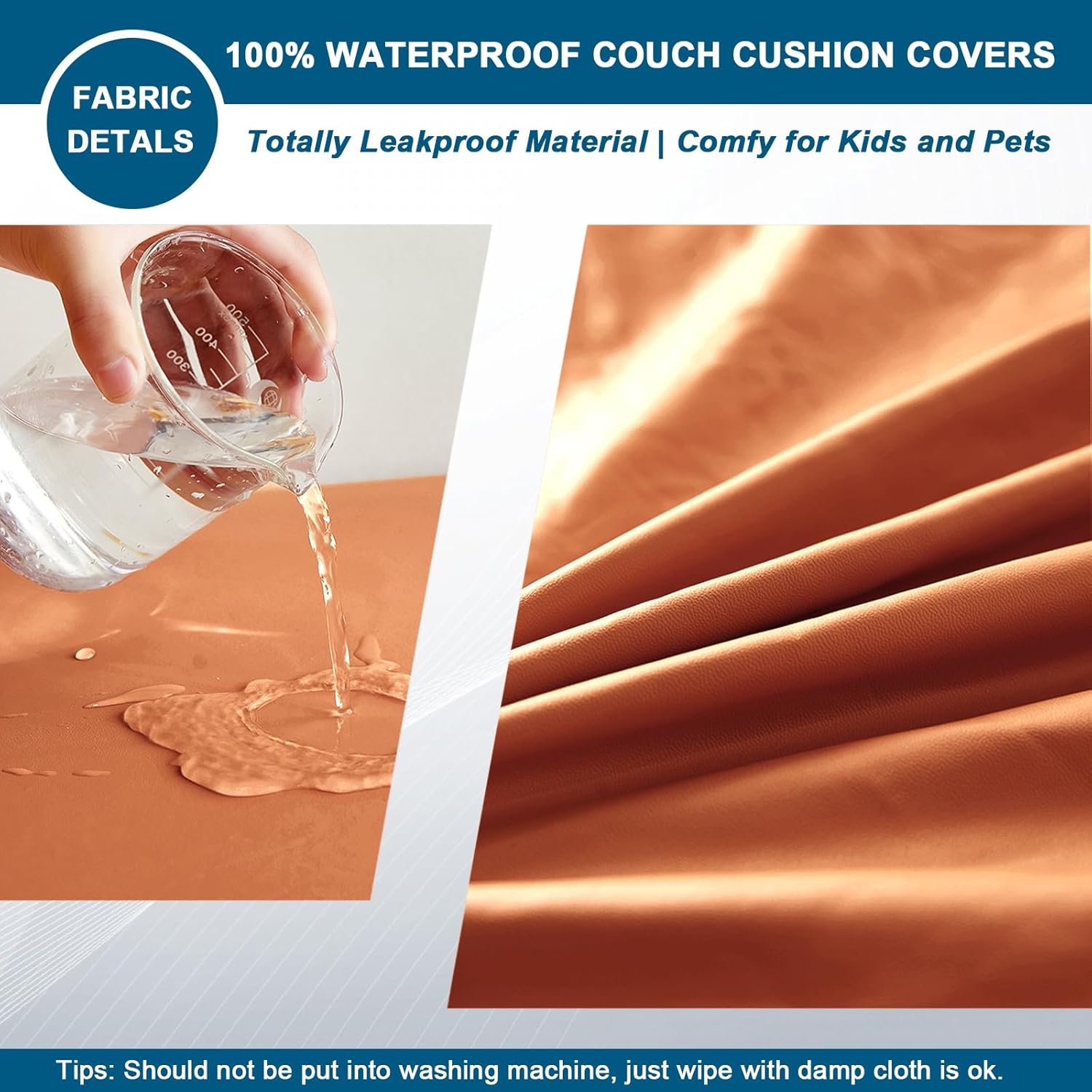 100% Waterproof Sofa Seat Cushion Covers, Stretch PU Leather Fabric Individual Couch Cushion Cover with 2 Straps, for Kids Pets (Orange,W 61-69 in, D 25-31 in)