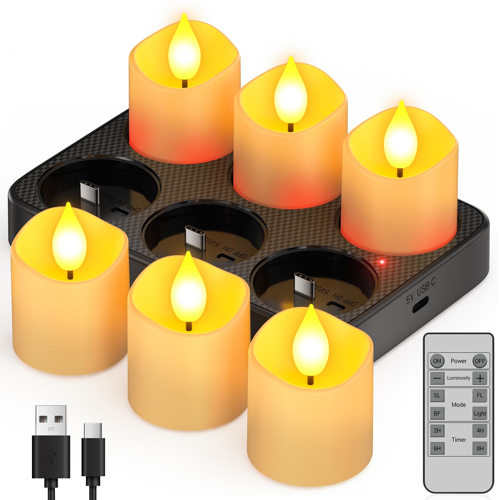 Ymenow Rechargeable Tea Lights with Remote Timer & Charging Station, 6 Pack