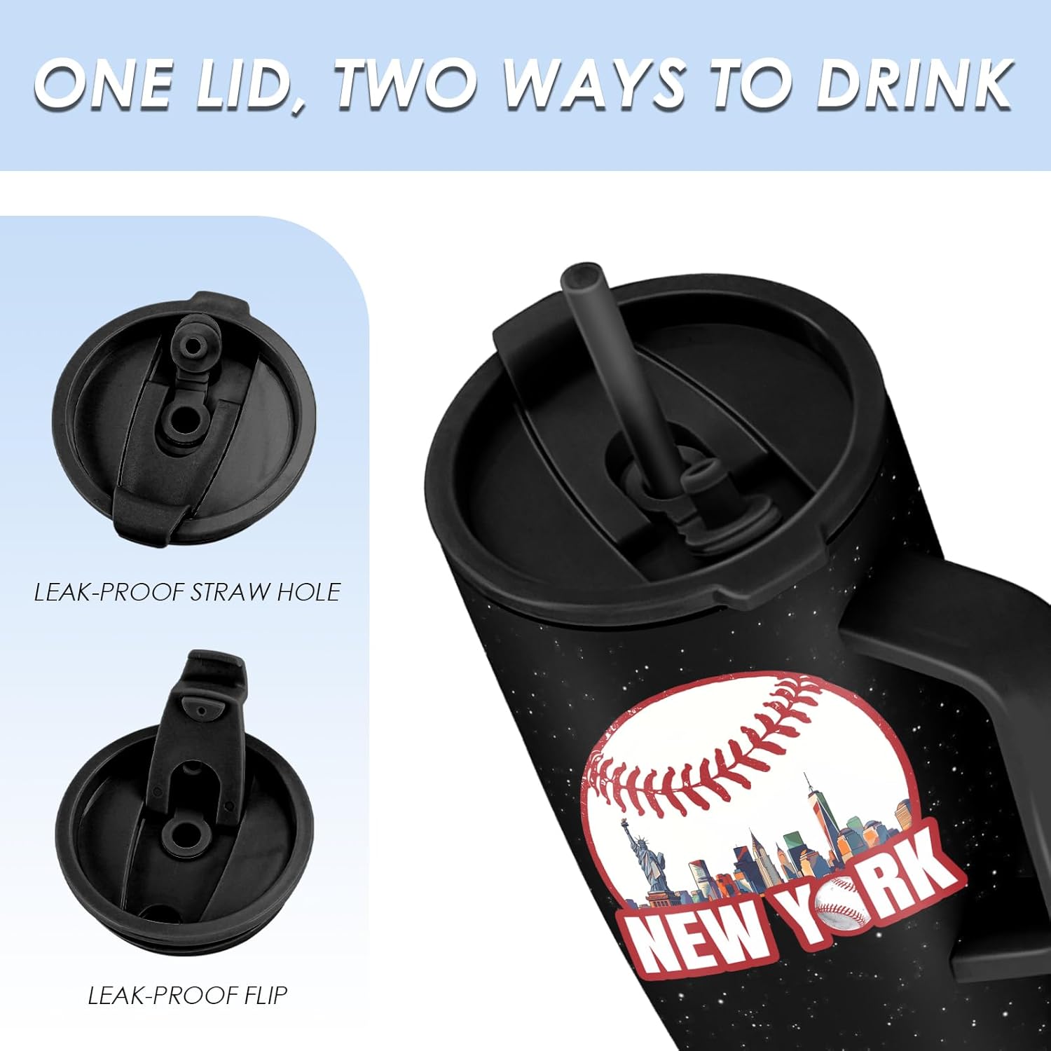 New York Baseball Tumbler 40oz with Handle and Straws, Leak-proof, Stainless Steel Insulated Travel Coffee Mugs, Baseball Cups Gifts For Baseball Fans Male Birthday Christmas (1pc) - Image 4