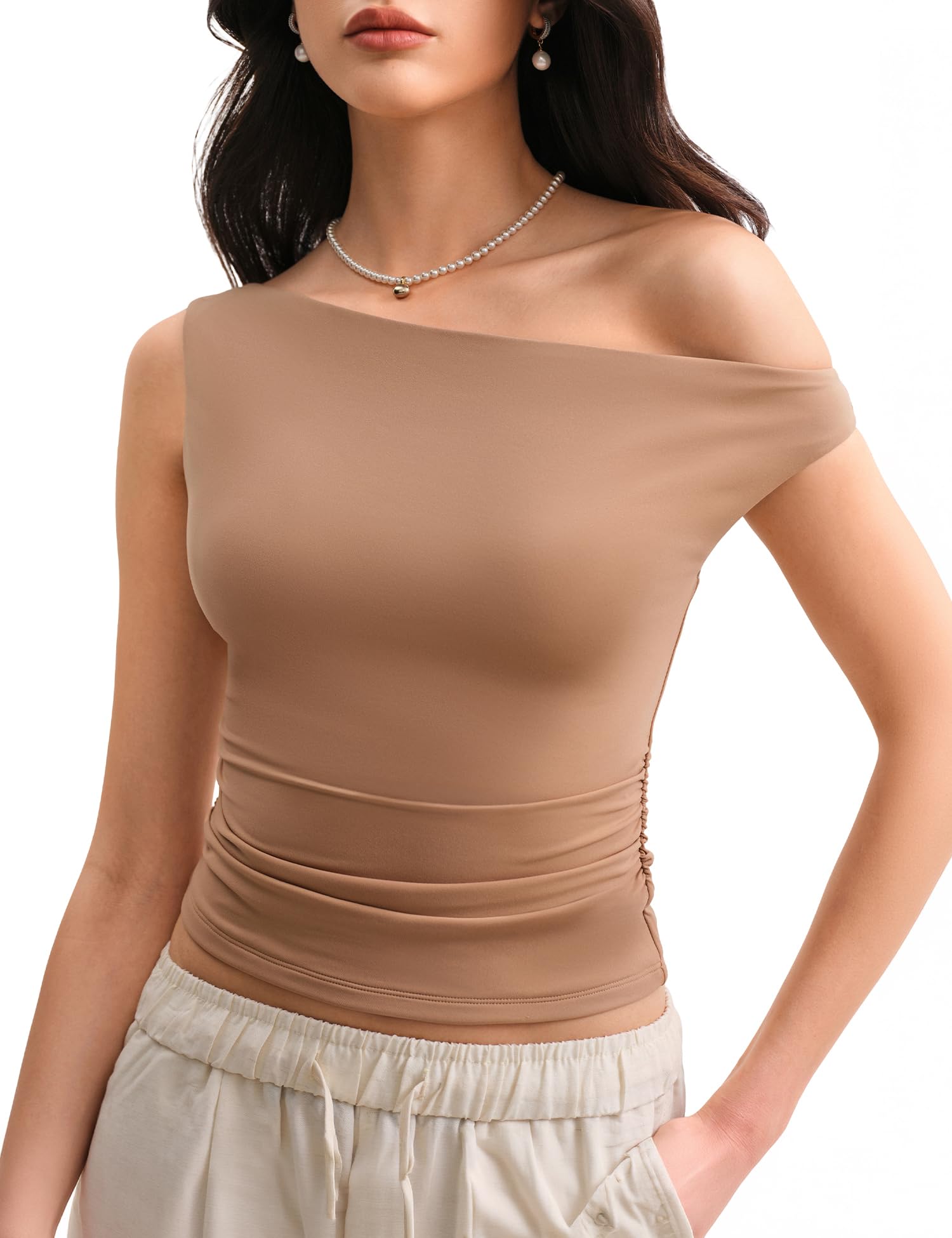 C202 Women's Off The Shoulder Tops for Women Sleeveless Going Out Tank Tops Asymmetrical Trendy Y2K Clothing, Taffy, Small