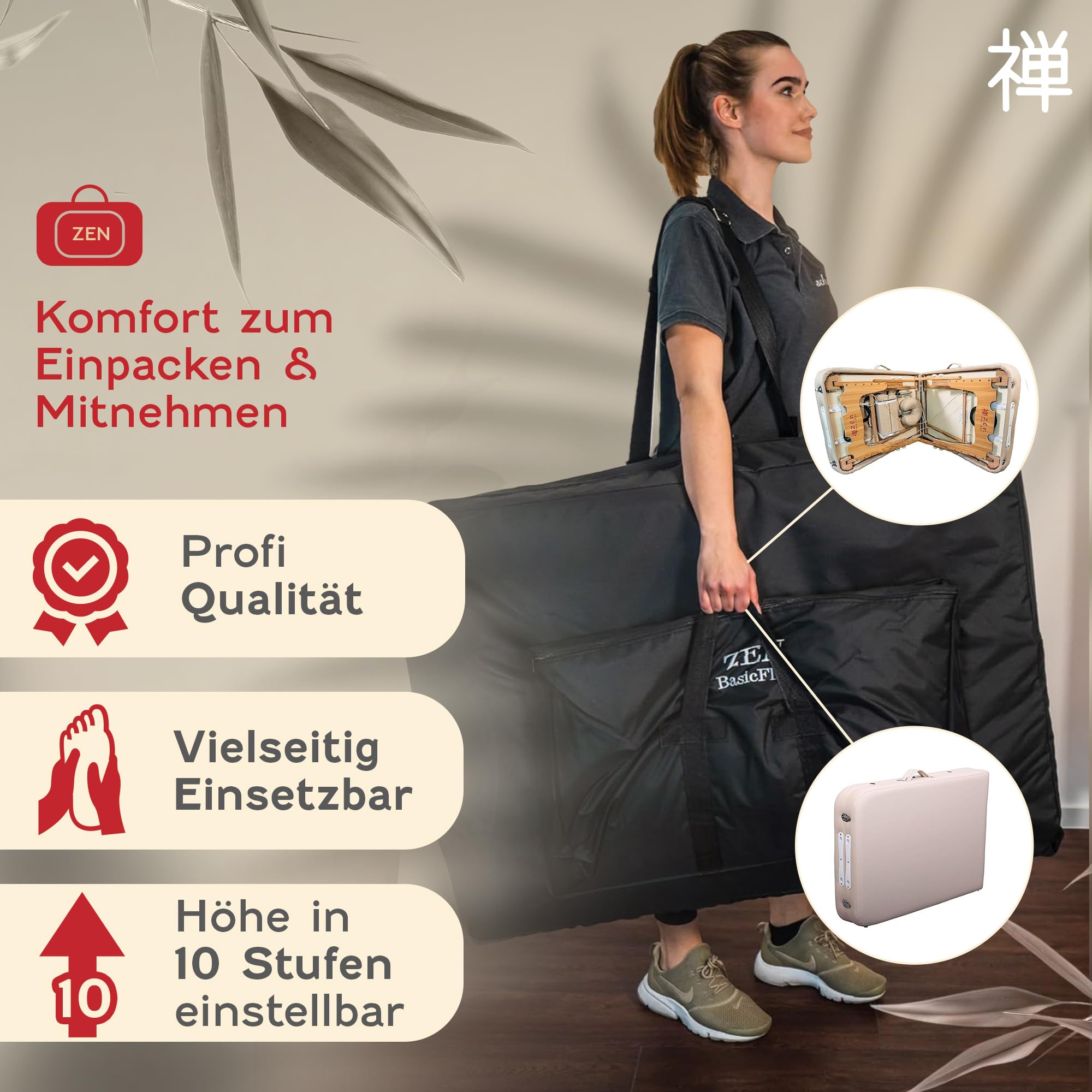 ZEN BASIC III Massageliege klappbar & mobile Massagetisch aus Holz, stabile Massagebett - Massagebank höhenverstelbar, Tattoo & Kosmetikliege, Behandlungsliege mit Kopfteil, Armstütze & Tasche (Creme)