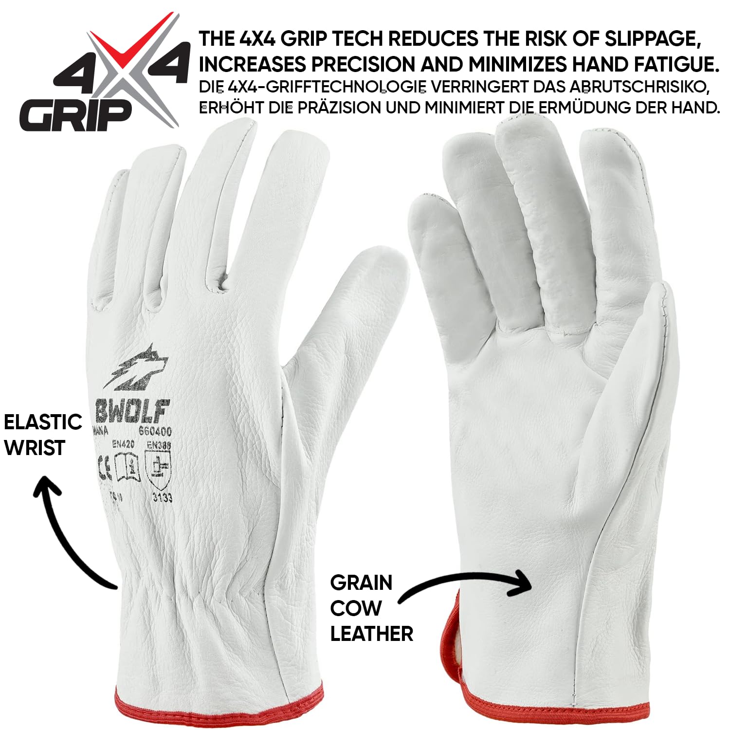 BWOLF Mana Lot de 12/60 Paires de Gants de Travail Cuir Gants Cuir Travail, Résistants à la Déchirure avec Poignet Élastique (10, 12 pièces)