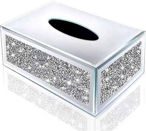 Wocred Funda rectangular grande para caja de pañuelos de cristal triturado, caja de pañuelos de diamantes triturados, soportes de pañuelos plateados