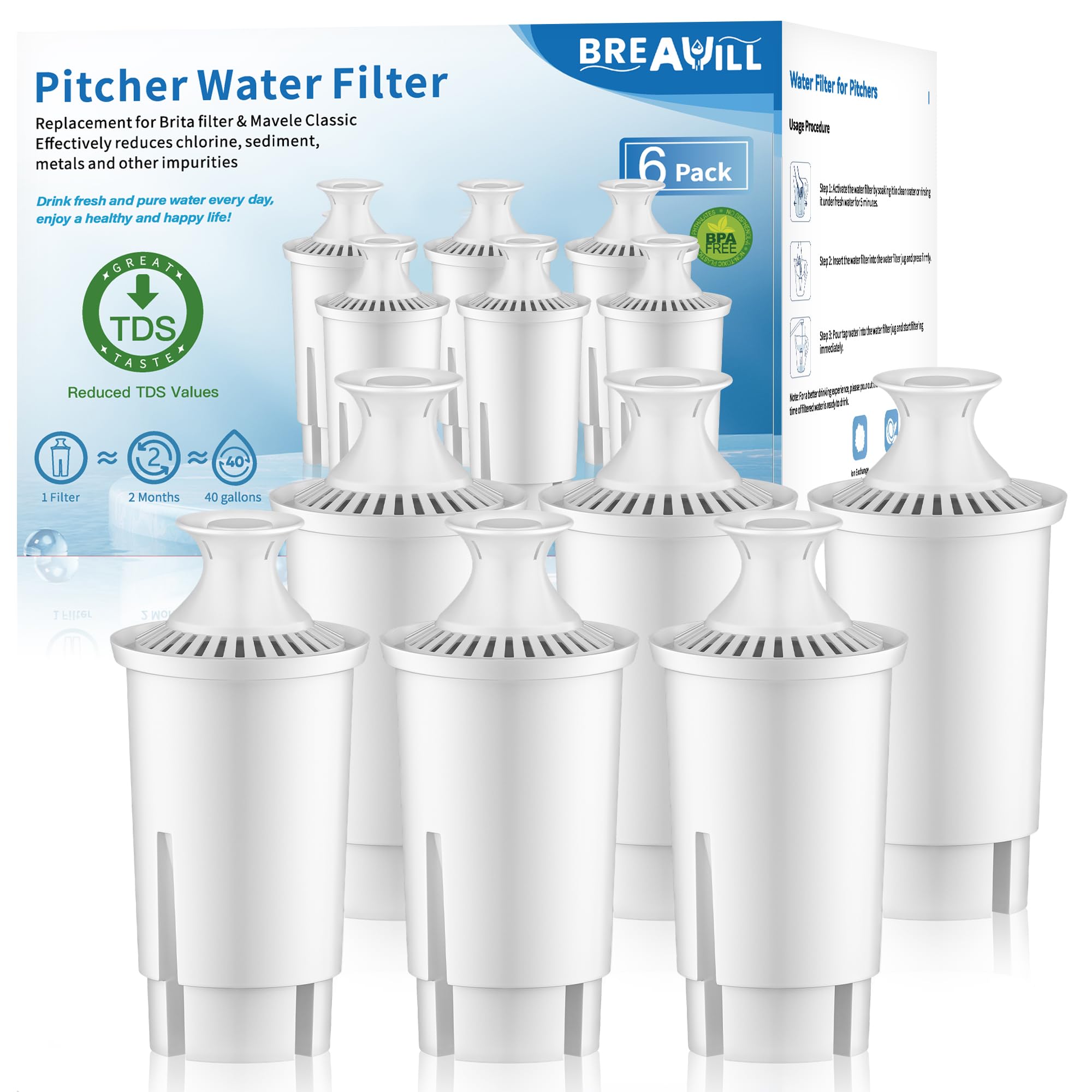 BREAUILL Water Filter Replacement Compatible with Brita Water Filter, Pitchers, Classic, OB03, Mavea,10700, 35557, Pitcher Water Filter by BREAUILL, New Upgraded Reduce TDS, Chlorine (6PCS)