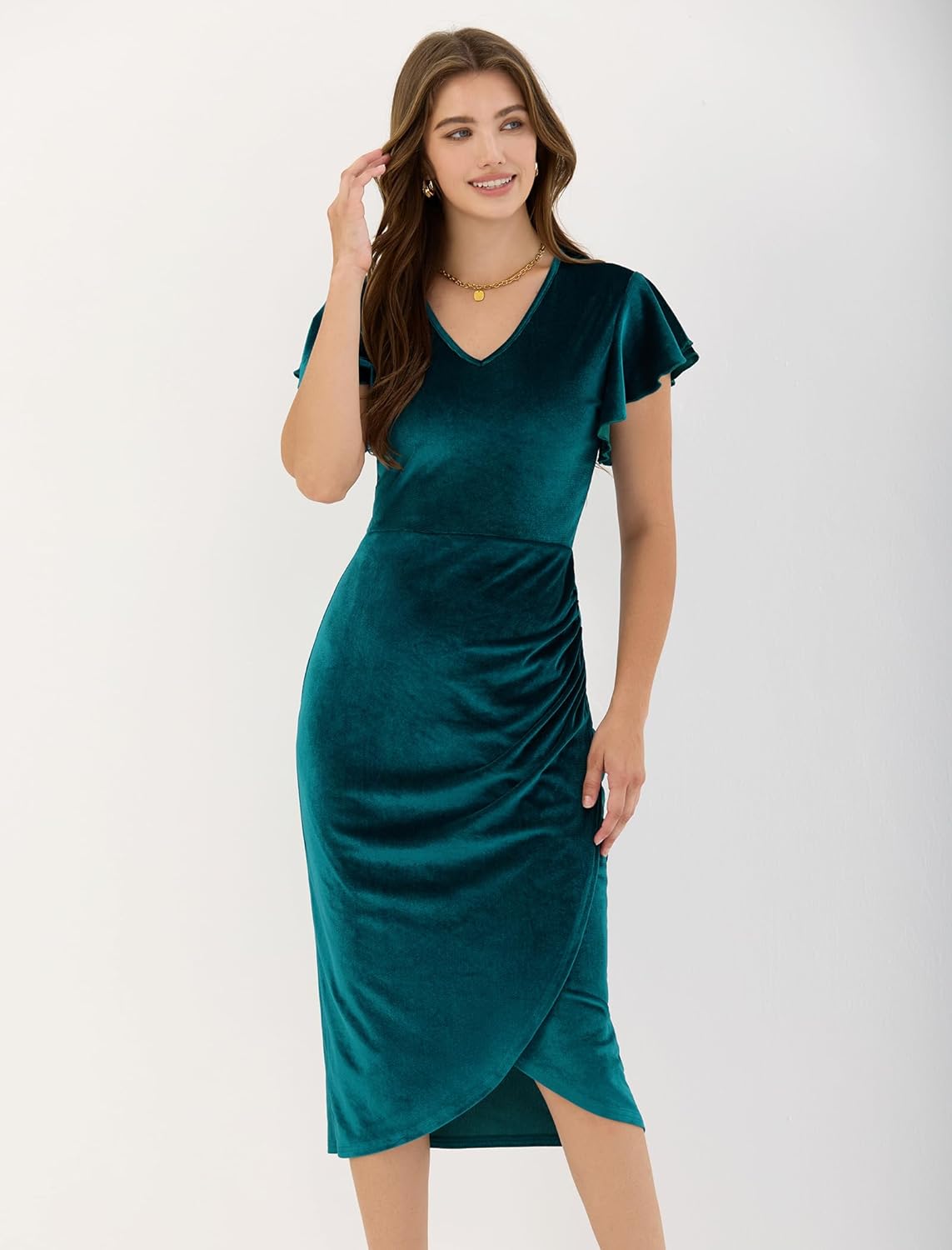 ZAFUL Velvet Dress for Women Wedding Guest Dress Ruffle Sleeve Ruched Bodycon Cocktail Party Dresses - Image 2