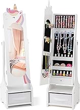GYMAX Armadio Gioielli per Bambini, Specchio a Figura Intera con 2 Angoli Regolabili, Organizzatore di Gioielli da Principessa con Cassetto per Camera da Letto, Cameretta, 31,5 x 30 x 115cm (Bianco)