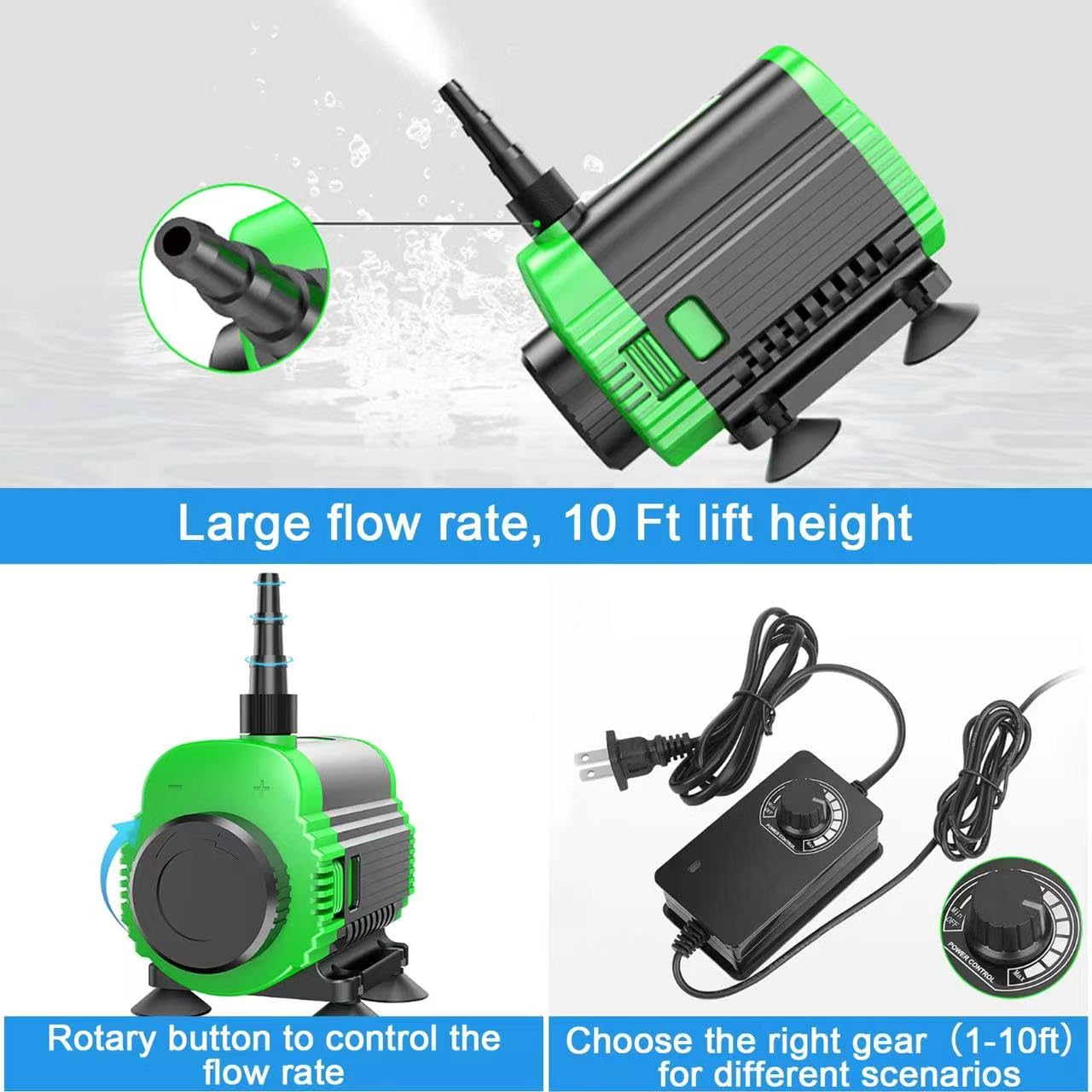 Pompe à eau submersible 150 GPH (560 L/H, 60 W), pompe à eau ultra silencieuse avec tête de 3 m de haut, pompe de fontaine avec cordon d'alimentation de 2 m, buse réglable en 3 tailles pour