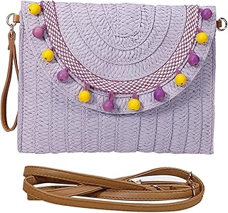 FAOONNMY Stylish Straw Clutch Handbag with Beautiful Bead, Summer Beach Woven Envelope Bag Straw Purse for Women Girls, Bohemian Handmade Wristlet Wallet Straw Travel Pouches for Vacation, Purple