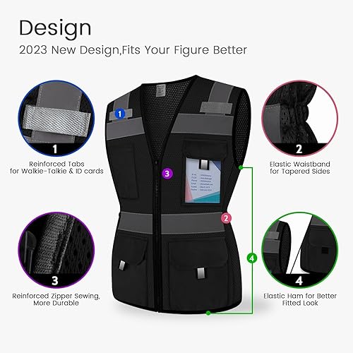Miniatura 3 de Chaleco de seguridad para mujer con 11 bolsillos y cremallera, chaleco reflectante de alta visibilidad ajustado, chaleco de seguridad de neón para