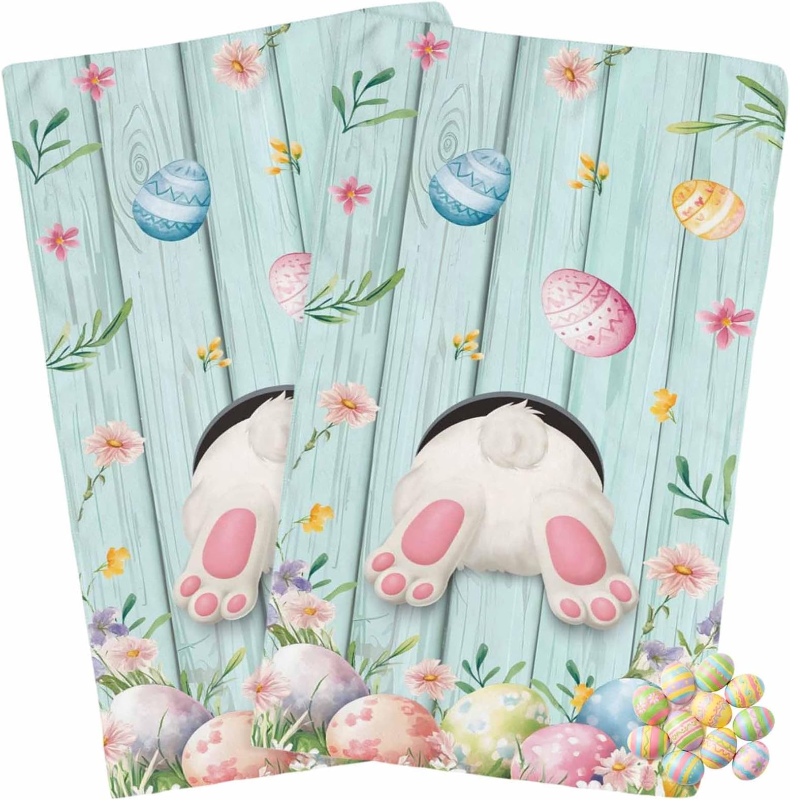 Kitchen Towels Pack of 2 Easter Bunny Tail on Teal Wood Grain Dish Drying Towels,Soft Absorbent Microfiber Cleaning Cloths Spring Flower Farm Eggs Quick Drying Hand Towels Set,18×28 inches