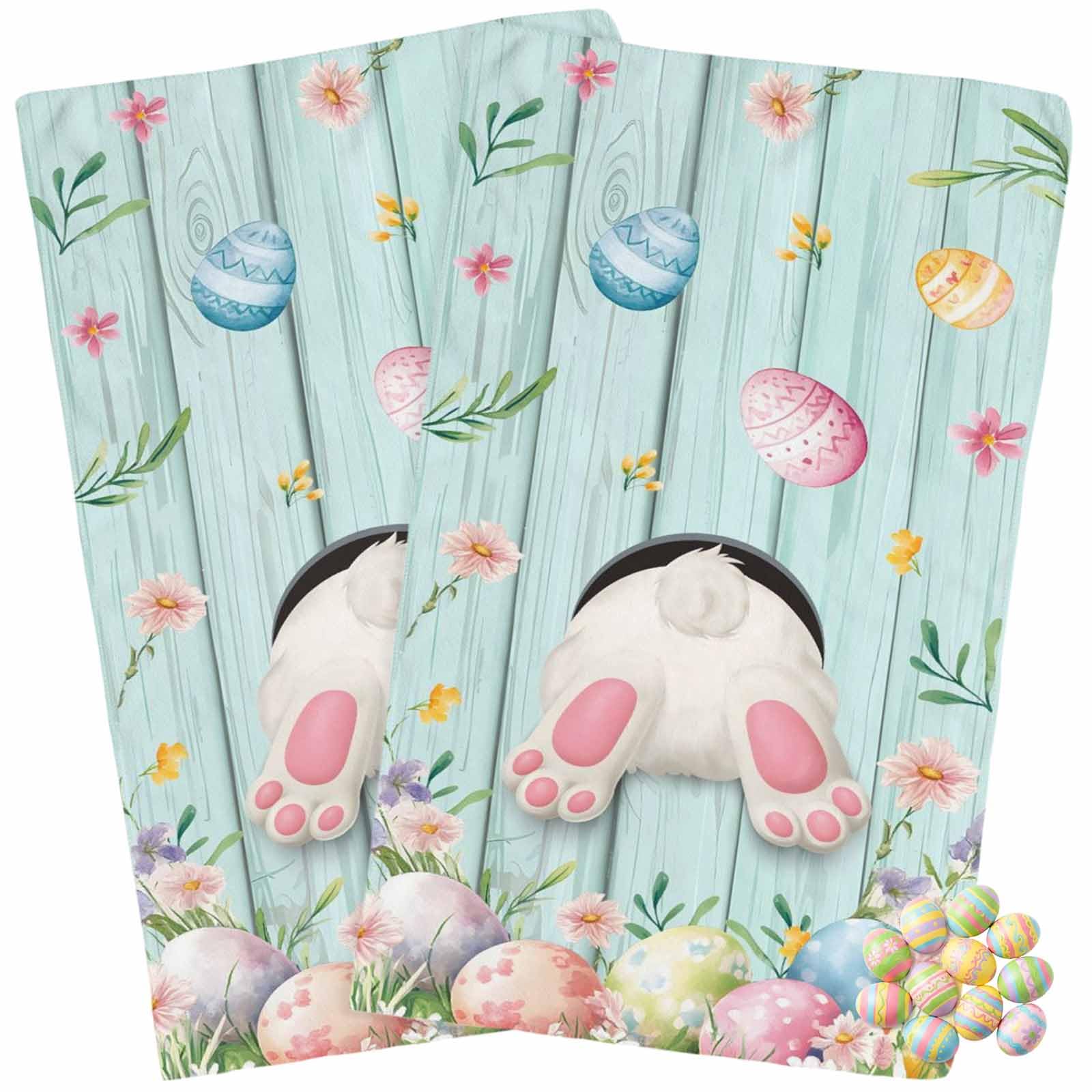 Kitchen Towels Pack of 2 Easter Bunny Tail on Teal Wood Grain Dish Drying Towels,Soft Absorbent Microfiber Cleaning Cloths Spring Flower Farm Eggs Quick Drying Hand Towels Set,18×28 inches