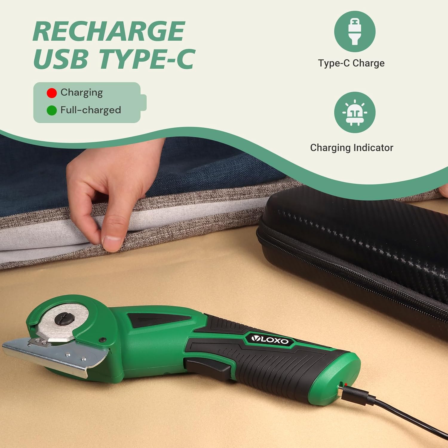 VLOXO Cordless Electric Scissors, 4V Rechargeable Cardboard Cutter with Safety Lock and LED Light Powerful Fabric Mini Cutter Rotary Multi-Cutting Tool for Carpet Leather Felt Storage Box Green