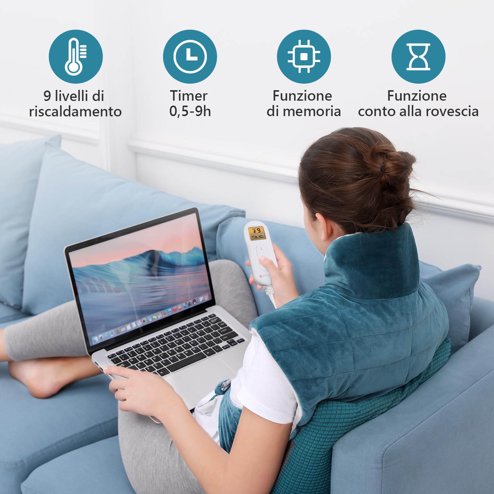 Comfytemp Termoforo Elettrico, Termoforo Ponderato per Schiena, Cervicale e Spalle, 9 Livelli di Riscaldamento, Termoforo Cervicale e Spalle, Cuscino Termico con Spegnimento Automatico, 53x 85cm