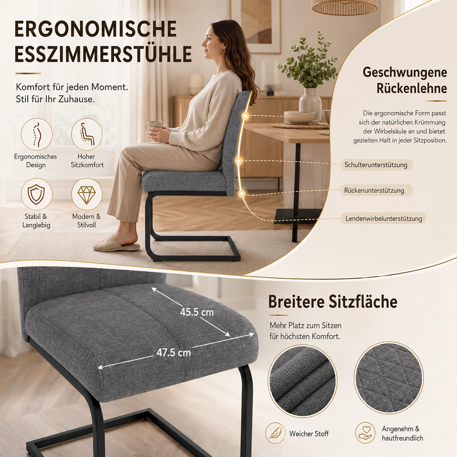 JIEXI Freischwinger Esszimmerstühle 4er Set – Schwingstuhl Stuhl Mit Stoffbezug, Gesteppter Rückenlehne & Metallgestell, Küchenstuhl/Essstuhl Modern, Bequem & Stabil (4 Graue Stühle)