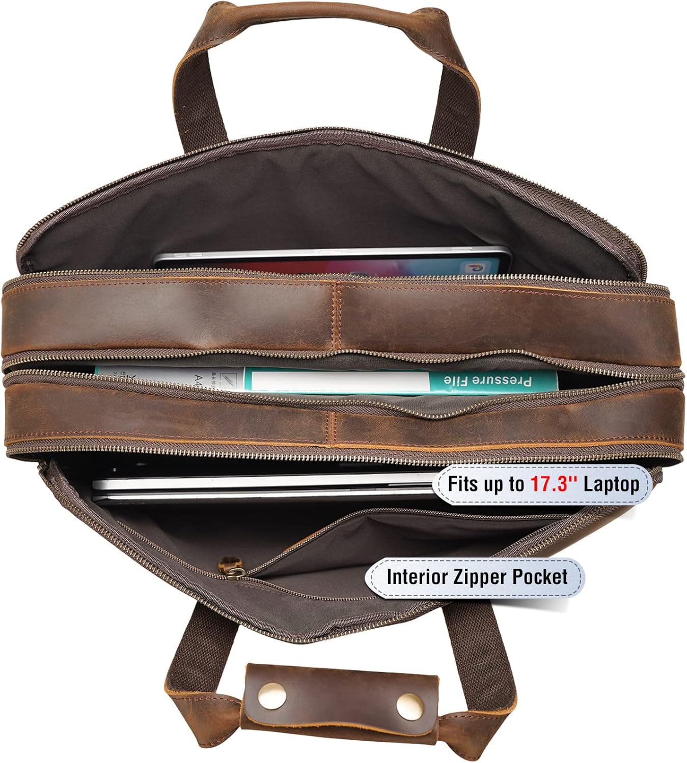 Large Leather Business Briefcase for Men 18" Full Grain Leather Laptop Case Messenger Bag Fits 17.3" Laptop Dark Brown